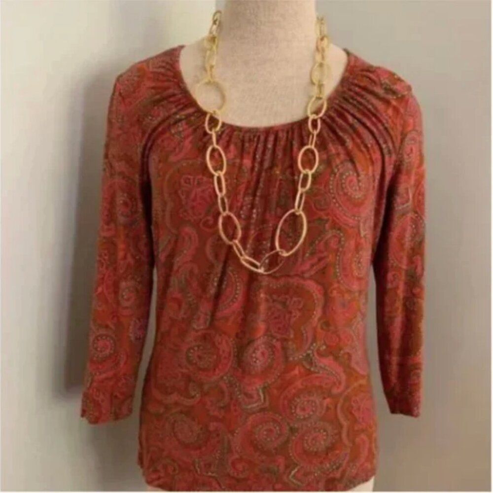 Talbots Rust Colored Paisley 3/4 Sleeve Shirt Size Petite Medium